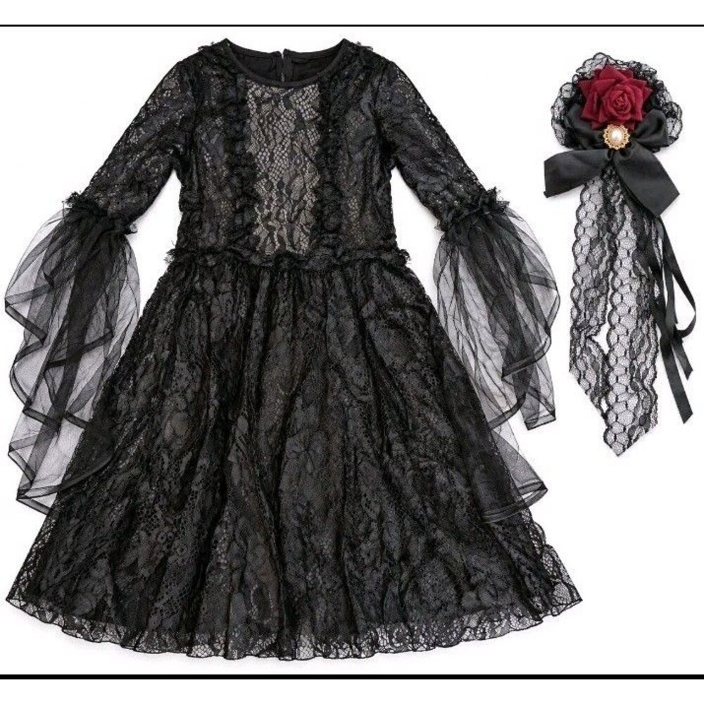 Girls Evil Queen Gothic Dress Dark Fairy Maleficent Beetle Juice w/ Bow, Med 7/8